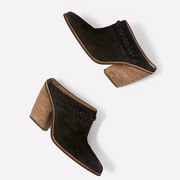 NIB SAM EDELMAN Alison 8M Suede Pointed Toe Stacked Block Heel Mule Black - Picture 2 of 11